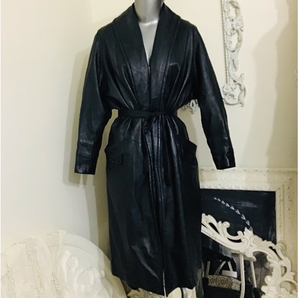 VINTAGE Black Leather Maxi Coat - Picture 3 of 12